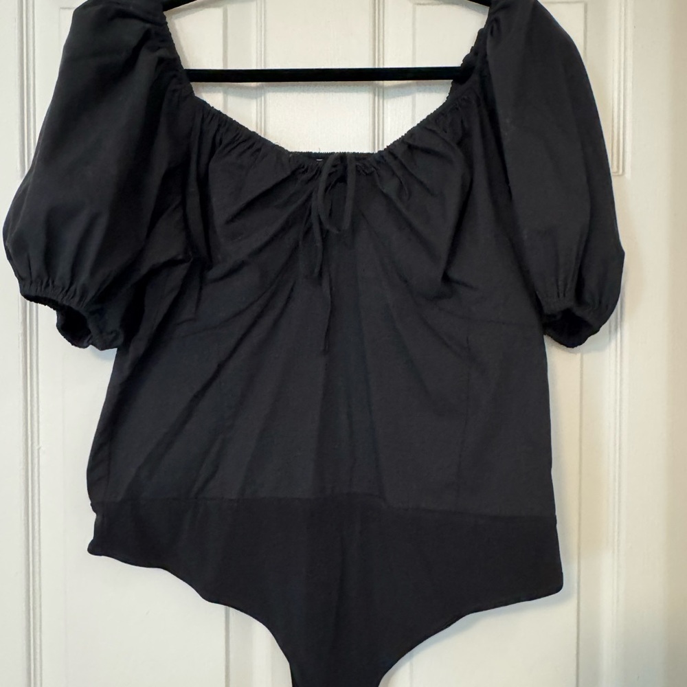 Express Black Bodysuit with Tie Front and Puffed Sleeves